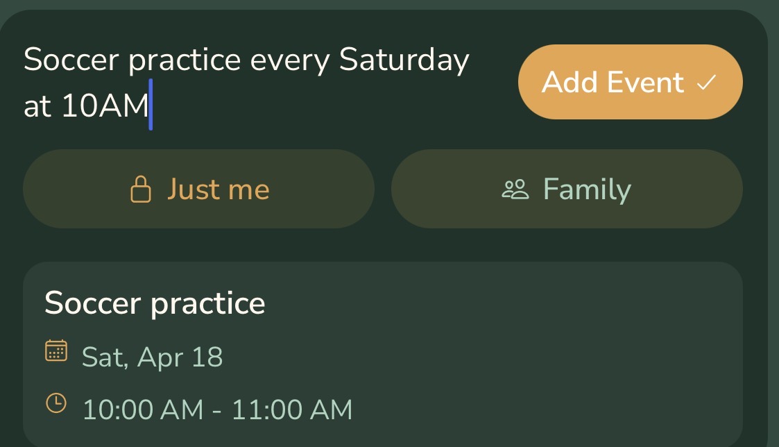 Event add form showing voice input, family/personal toggle, and event details