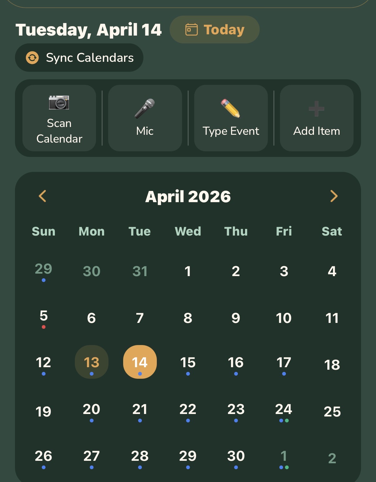 Calendar view showing April 2026 with events and sync options