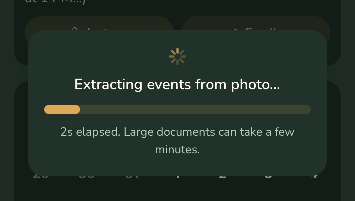 Photo extraction progress showing events being detected from a document
