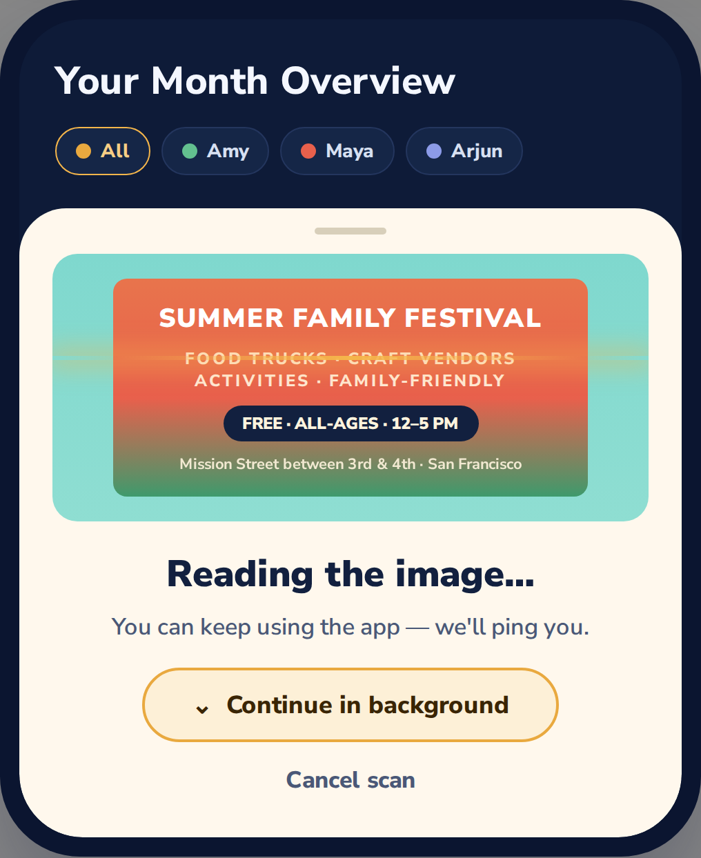 Scan in progress: a family festival flyer being read, with the option to continue in the background