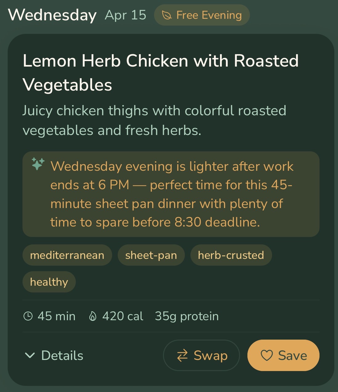 Meal recipe detail showing Lemon Herb Chicken with nutritional info and timing context