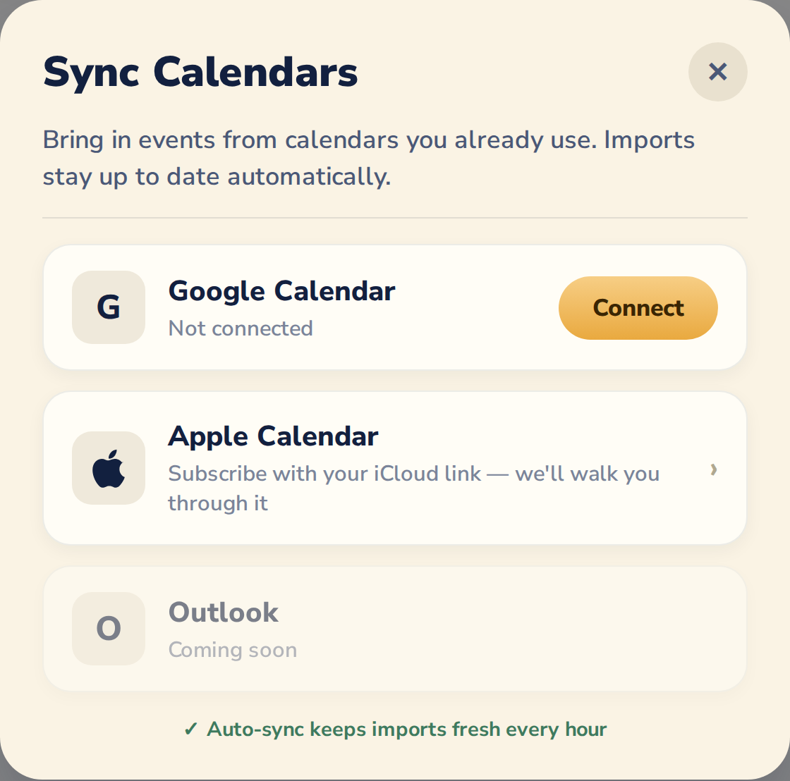 Sync Calendars screen showing Google Calendar connect, Apple Calendar via iCloud link, and hourly auto-sync